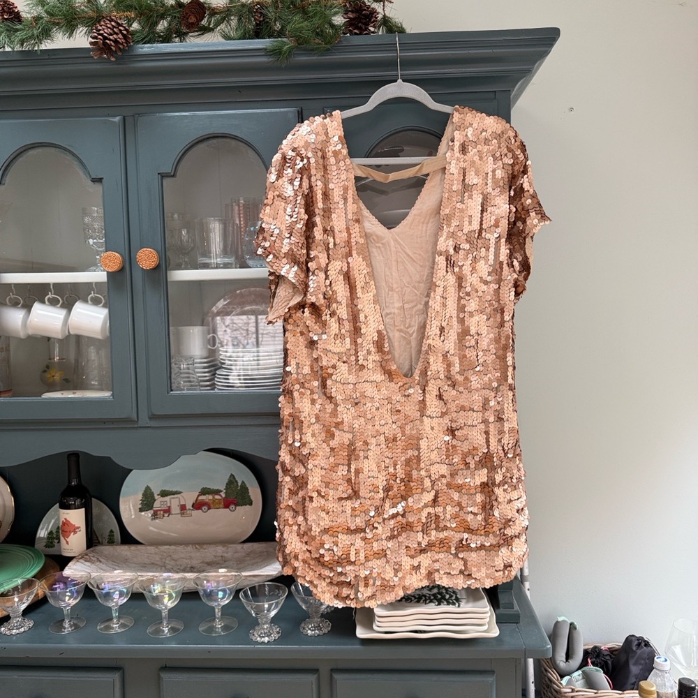 Free People Rose Gold Sequin shift dress with pockets and low back - Picture 3 of 5